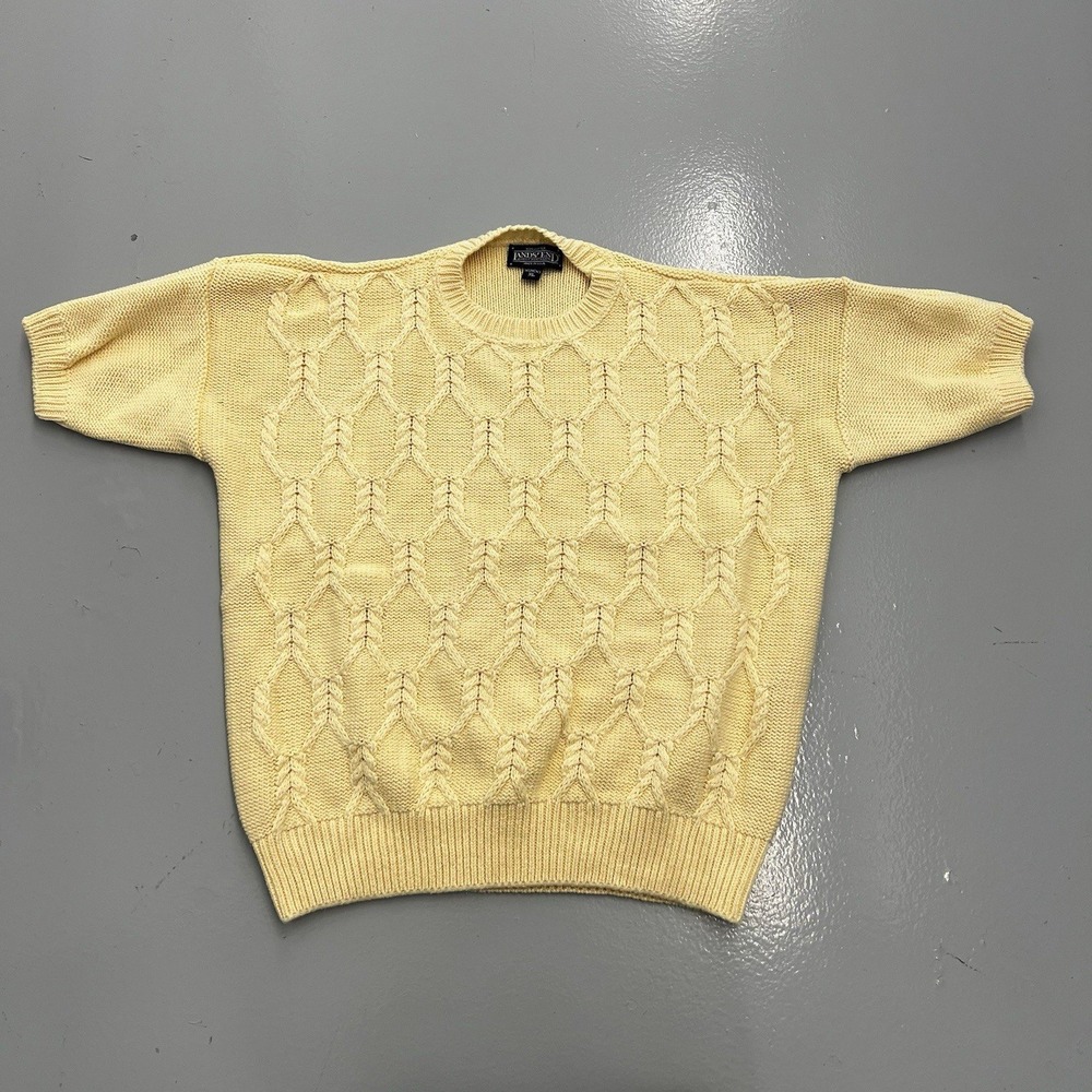 Lands End Womens XL Yellow Cable Knit Short Sleeve Cotton Sweater